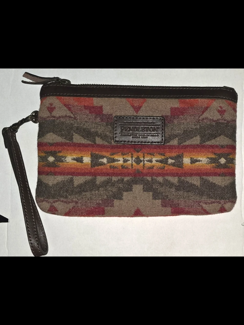 Pendleton Brown Red Orange Patterned Wool Wristlet